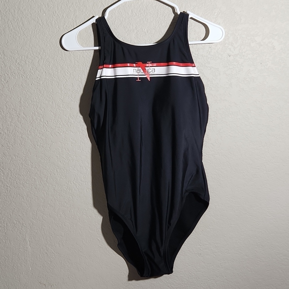 Neutica Swimsuit Womens Full Piece Size L Bathing Suit Navy Black Red White Bra